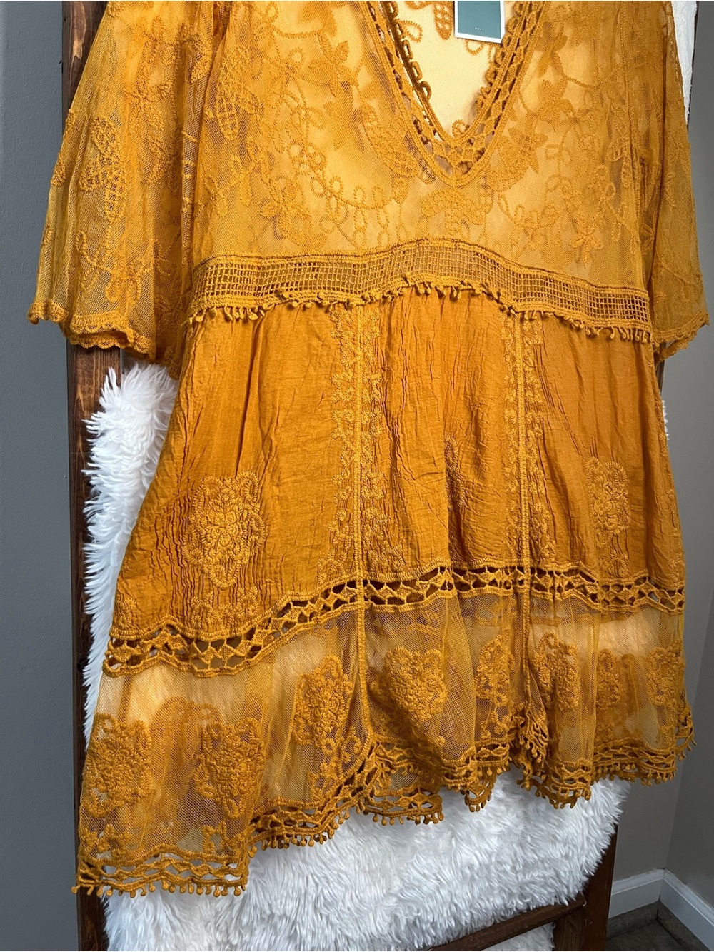 NWT Eomenie Boho Yellow Lace Swimsuit Beach Cover Up Mini Dress - Picture 2 of 5